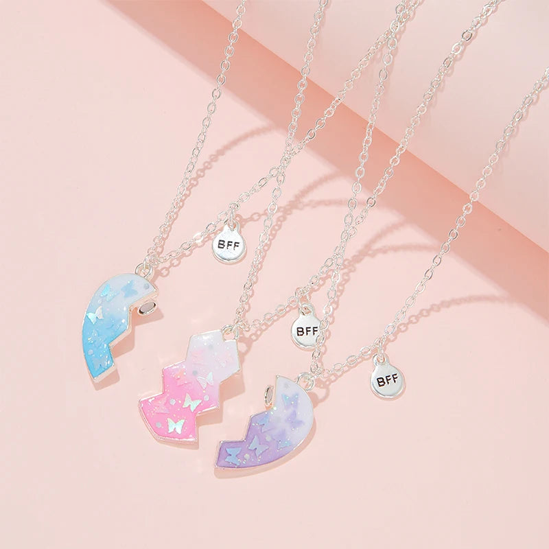 3Pcs/set Colorful Butterfly Glitter Broken Peach Heart Pendant for 3 Girls Friendship BFF Necklaces Best Friend Jewelry Gifts