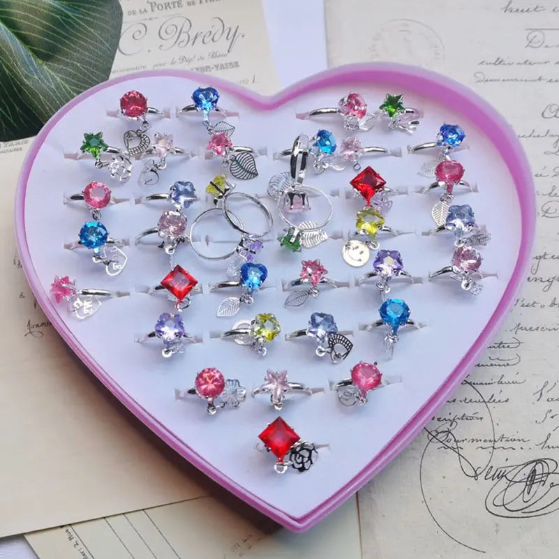 10pcs New Children's Crystal Rings Colorful Star Flower Shape Adjustable Alloy Finger Rings Kids Girls Toys Without Box
