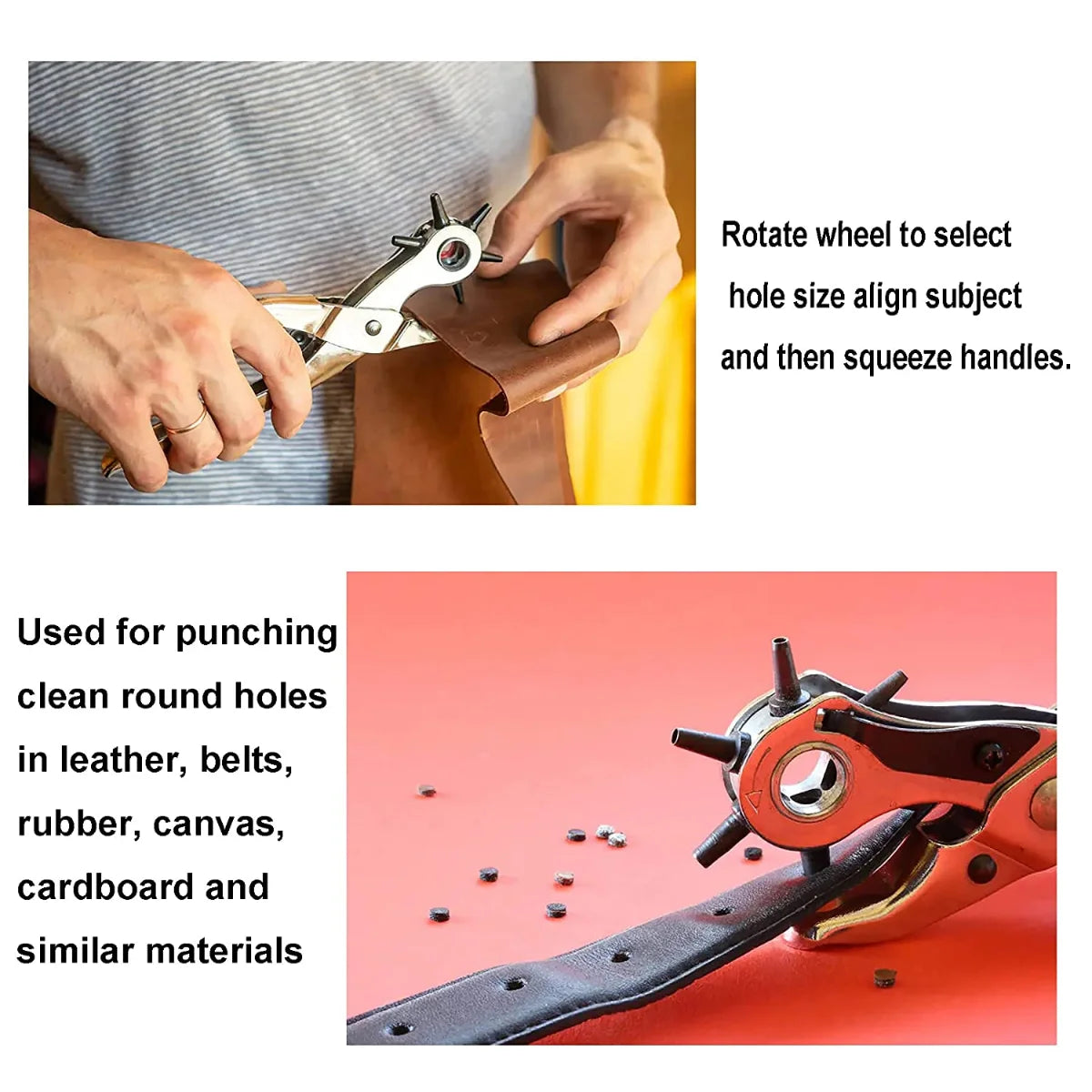 Leather Hole Punch,9" Belt Hole Puncher for Leather Heavy Duty, 6 Size Revolving Leather Belt Hand Hole Puncher