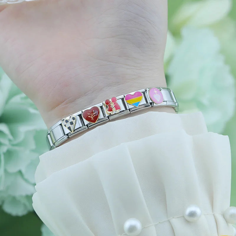 Hapiship 2024 Fashion Popular Glaze Romantic Heart Love Charm Italian Links Fit 9mm Bracelet Making Women DIY Jewelry DJ1105-B
