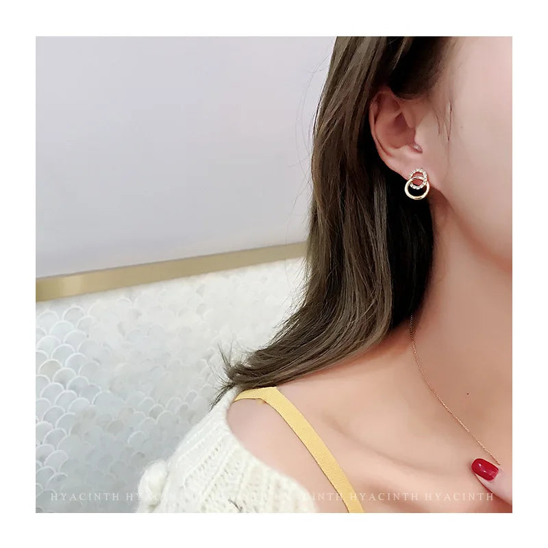 Korean Simple Double Circle Gold Color Metal crystal Stud Earrings For Women Fashion Exquisite Jewelry Best Friend Gifts