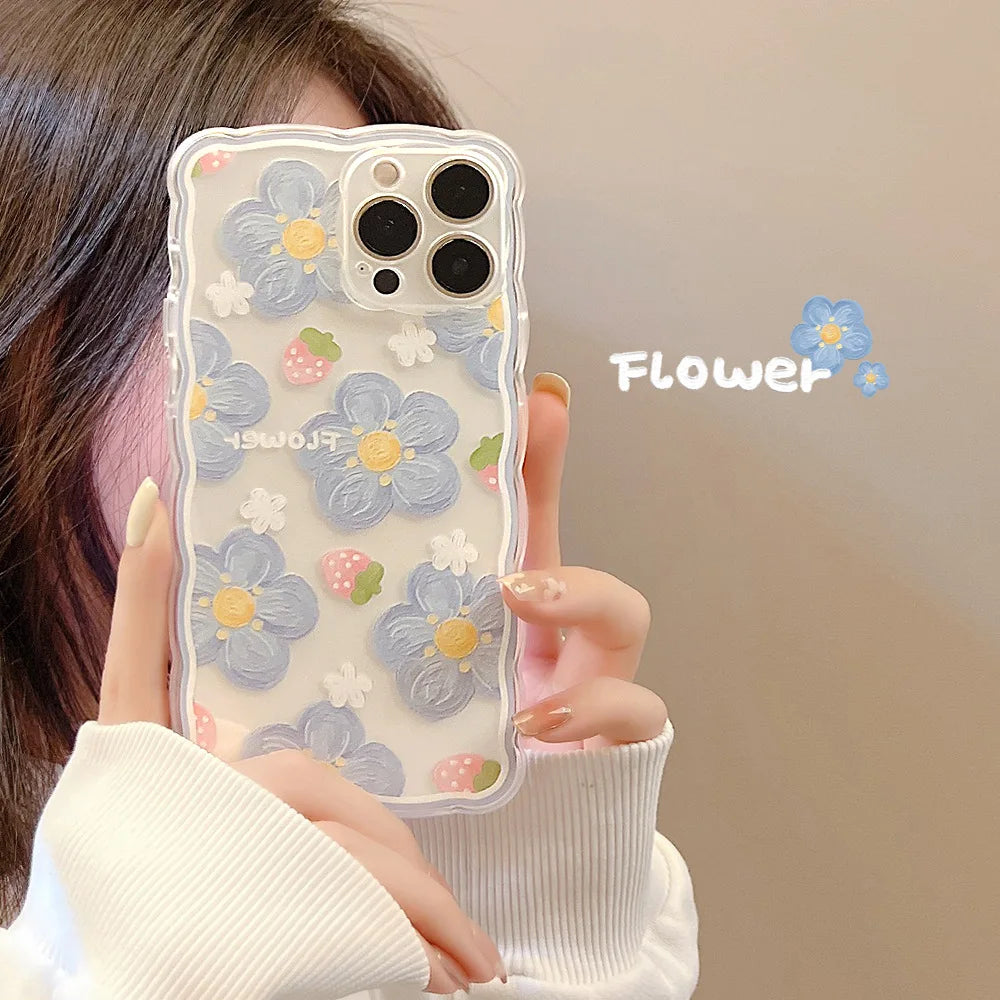 Art wavy blue flower Strawberry cute silicone soft back case for iphone 14 x xr 7 8 plus 13 15 promax 11 12 mini xsmax phone box