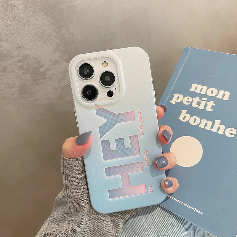 Fashion Letter Hey Glossy Phone Case For iPhone 14 12 11 13 15 Pro Max Gradient Blue Laser Acrylic Cover