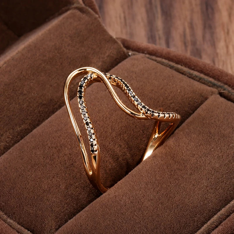 Exaggerated Design Full Black Zircon Double Twist Women's Rings 585 Gold Color Gothic Jewelry Party Daily Unusual Accessories