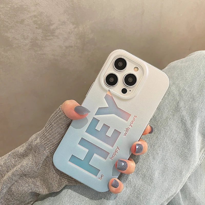 Fashion Letter Hey Glossy Phone Case For iPhone 14 12 11 13 15 Pro Max Gradient Blue Laser Acrylic Cover