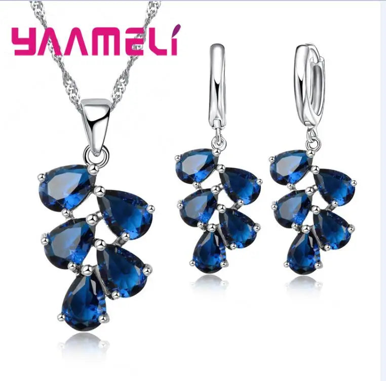 Anniversary Gift For Women Trendy 925 Sterling Silver Jewelry Sets Cubic Zirconia Pendants Necklaces Charm Hoop Earrings
