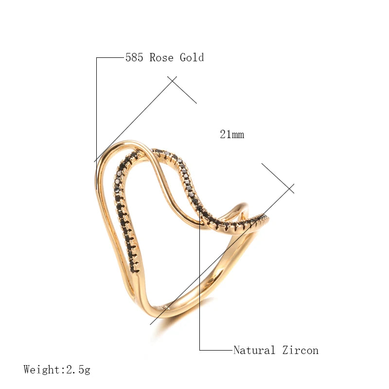 Exaggerated Design Full Black Zircon Double Twist Women's Rings 585 Gold Color Gothic Jewelry Party Daily Unusual Accessories