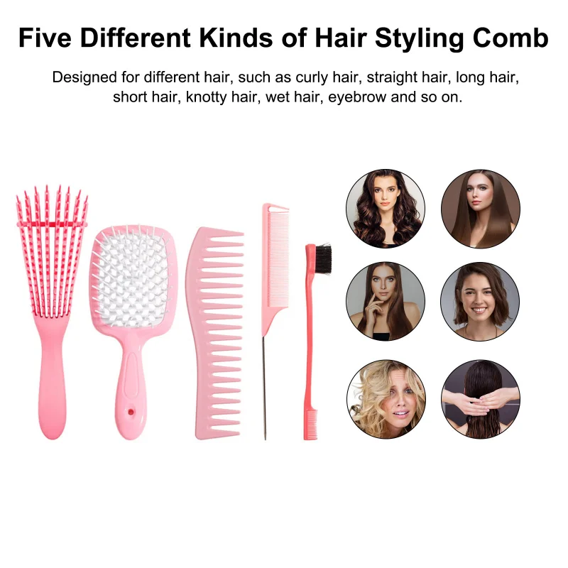 5 pcs/Set Detangling Brush Set Scalp Massage Hair Comb Dual Edge Brush Styling Comb for Curly/Straight/Wet/Dry/Long/Short Hair