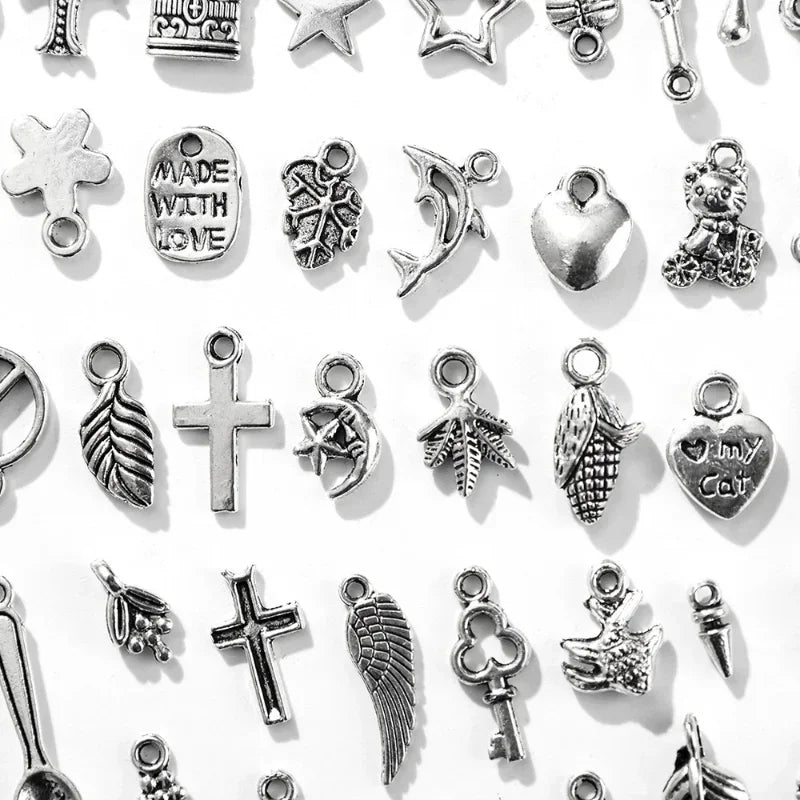 100pcs Tibetan Silver Mixed Heart Butterfly Key Crown Charms Pendants DIY Jewelry for Necklace Bracelet Making Accessaries