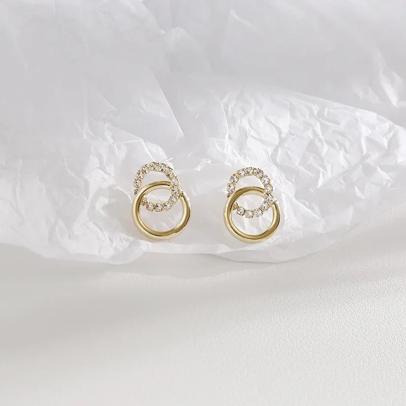 Korean Simple Double Circle Gold Color Metal crystal Stud Earrings For Women Fashion Exquisite Jewelry Best Friend Gifts