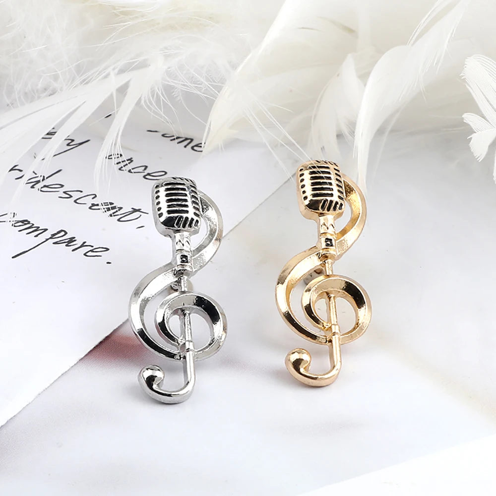Microphone Music Note Brooch Gold Color Silver Color Enamel Pins Women Men Singer Party Concert Jewelry Backpack Lapel Pin Gifts