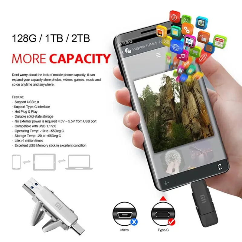 Xiaomi 2 In 1 USB Pen Drive 2TB 1TB 128GB USB 3.1 TYPE-C Flash Drives OTG Mobile Phone Memory Stick High Speed USB Stick Gift
