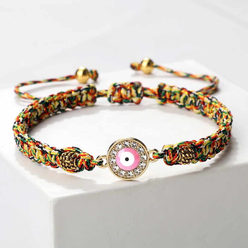 New Pink Turkish Evil Eye Bracelets For Women Men Tibetan Buddhist Handmade Knots Rope Adjustable Bracelets Couple Jewelry Gifts