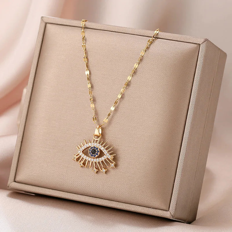 DIEYURO 316L Stainless Steel Evil Eye Zircon Necklace For Women Fashion Girls Clavicle Chain Vintage Female Body Jewelry Gift