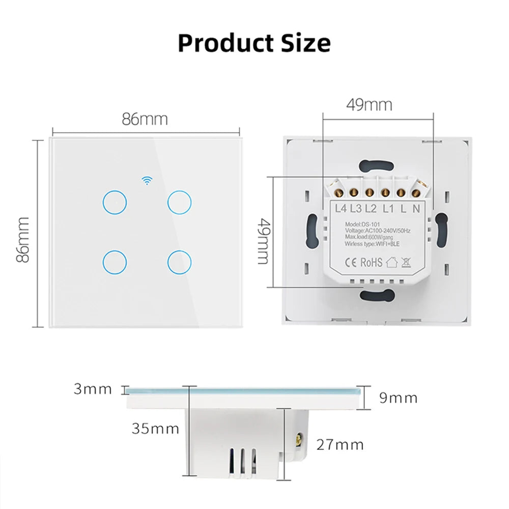 WiFi Smart Switch EU Light Wall Touch Switch 220V Need Neutral Wire Tuya Smart Life Work with Alexa Google Home 1/2/3/4 Gang