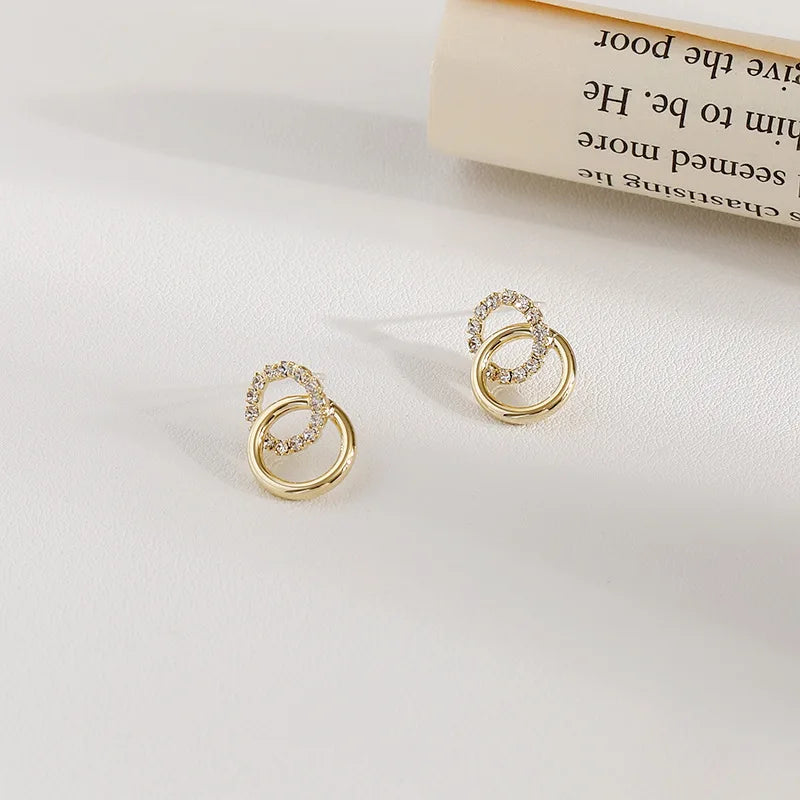 Korean Simple Double Circle Gold Color Metal crystal Stud Earrings For Women Fashion Exquisite Jewelry Best Friend Gifts