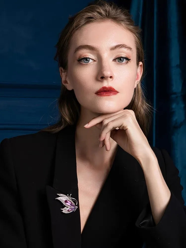 Luxurious Purple Crystal Butterfly Rhinestone Brooch Pins Fashion Suit Accessory Women's Corsage Outfit Jewelry Gift