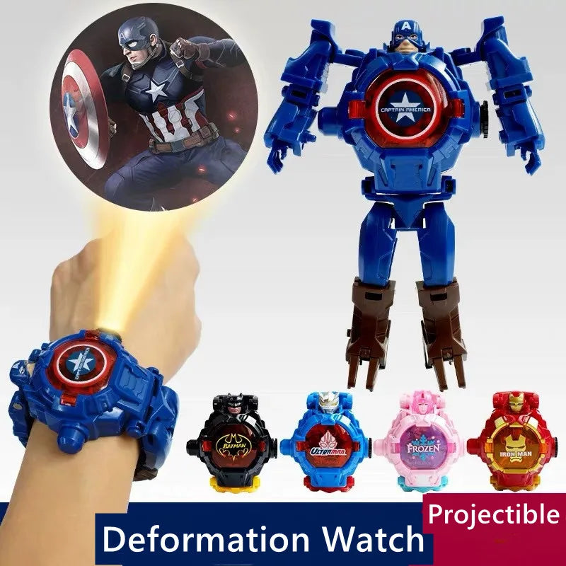 The Avengers Electronic Watch 3D Projection Spider Man Captain America Hulk Deformation Robot Toys For Children Christmas Gift