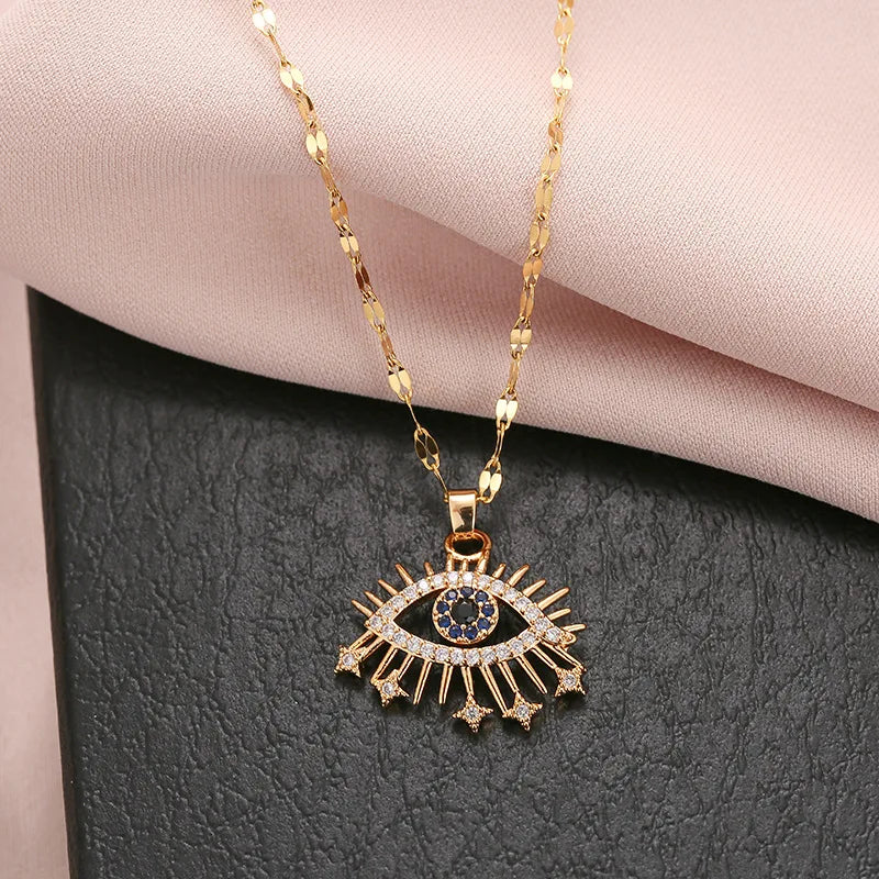 DIEYURO 316L Stainless Steel Evil Eye Zircon Necklace For Women Fashion Girls Clavicle Chain Vintage Female Body Jewelry Gift