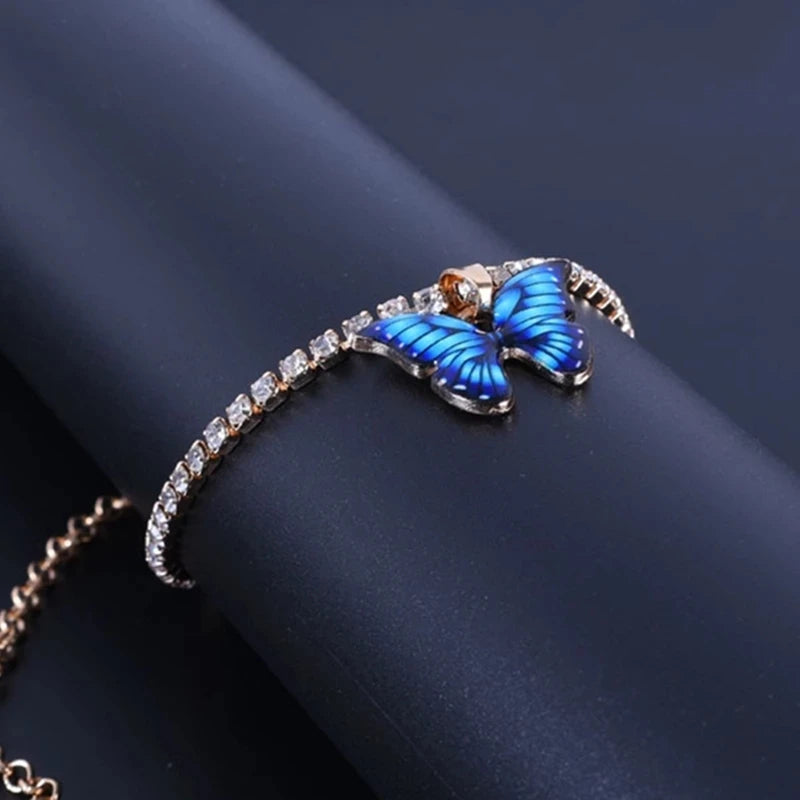 Bohemian Metal Butterfly Anklet Bracelet Colorful Bling Bling Tennis Anklet For Women Girls Summer Beach Foot Chain Accessories