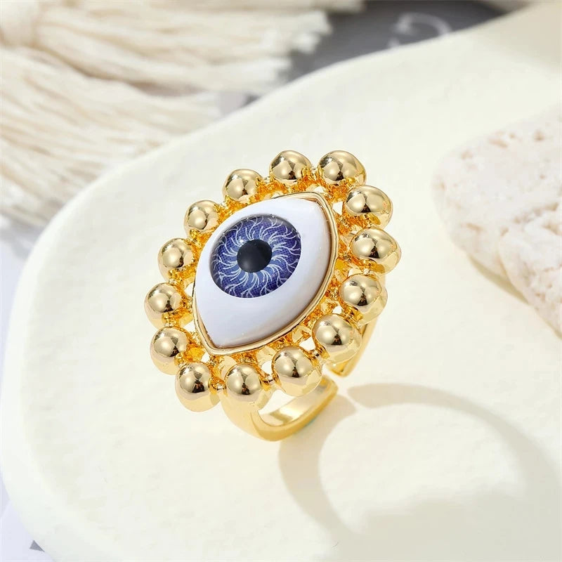 1PC Bohemian Ethnic Metal Enamel Evil Eye Ring For Women Vintage Punk Zircon Heart Blue Eye Finger Ring Turkey Jewelry Gift