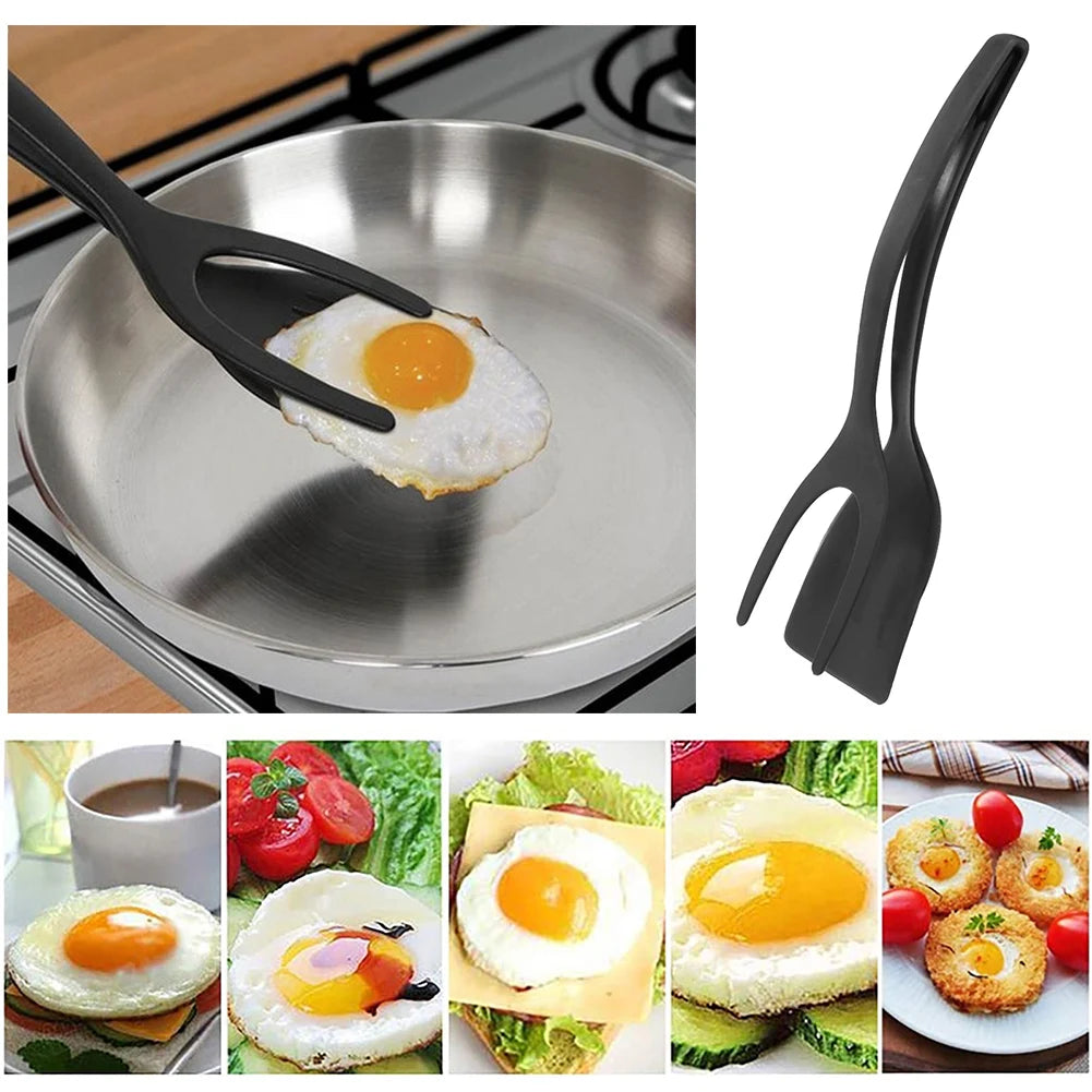 2 in 1 Non Stick Grip Flipper Pancake Fried Egg Spatula Clamp Turner Tong Toast