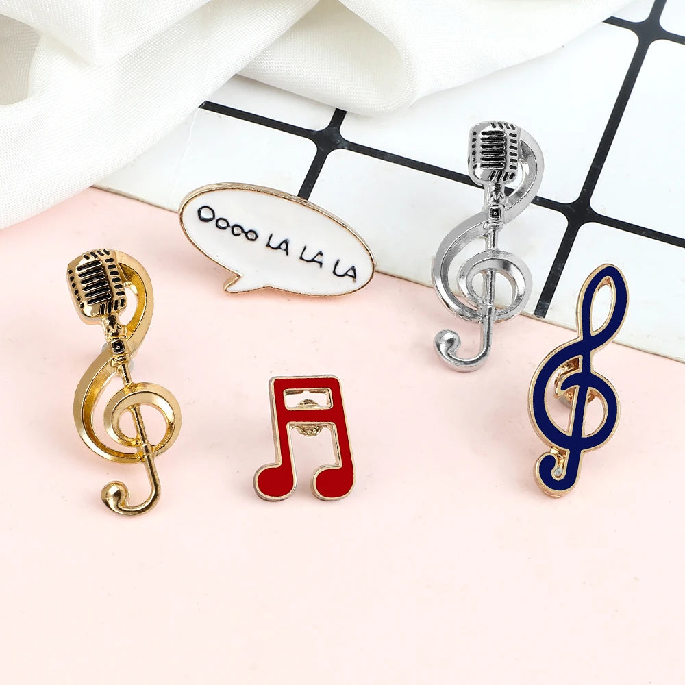 Microphone Music Note Brooch Gold Color Silver Color Enamel Pins Women Men Singer Party Concert Jewelry Backpack Lapel Pin Gifts