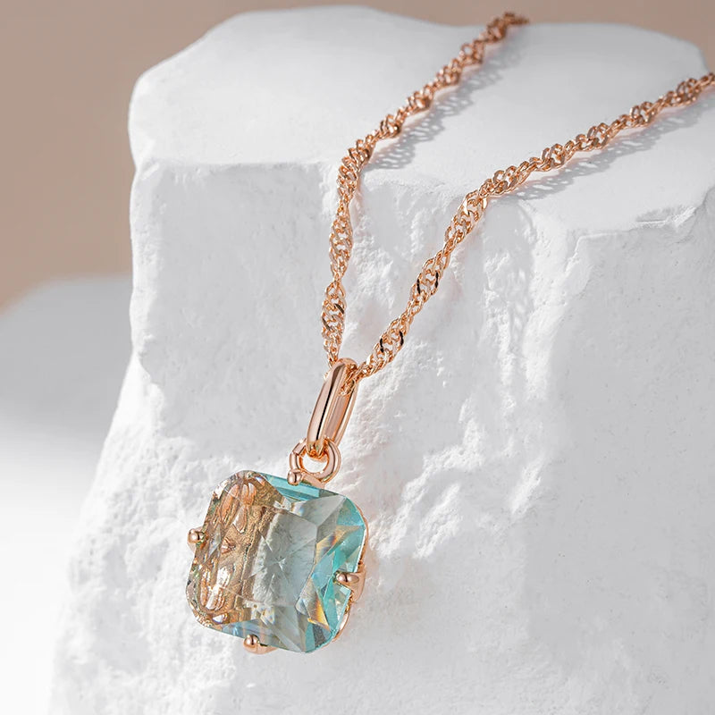 Wbmqda Big Square Light Green Stone Pendant And Necklace For Women 585 Rose Gold Color Fashion Zircon Jewelry Accessories