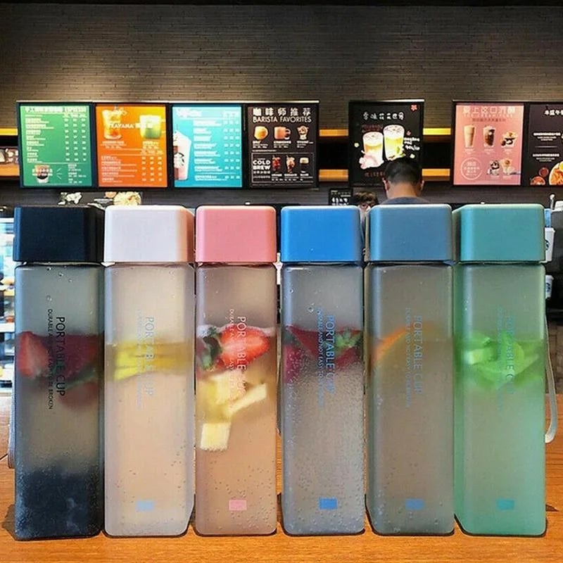 1Pc 500ml Transparent Square Plastic Matte Water Cup Outdoor Cold Juice Water Sports Cup with Portable Milk Rope Water Bottle