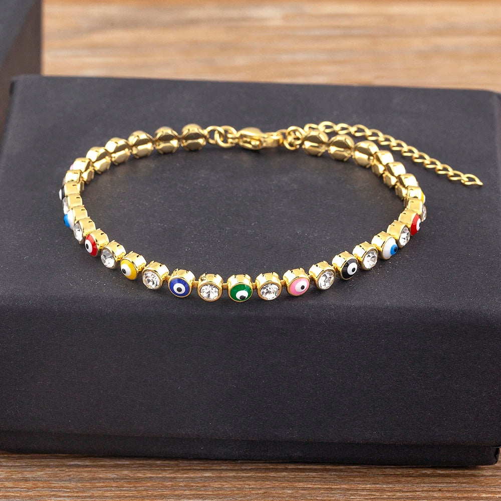 Nidin Lucky Evil Eye Shiny Charm CZ Tennis Bracelet for Women Crystal Zircon Jewelry Adjustable Chain Bangle Gift