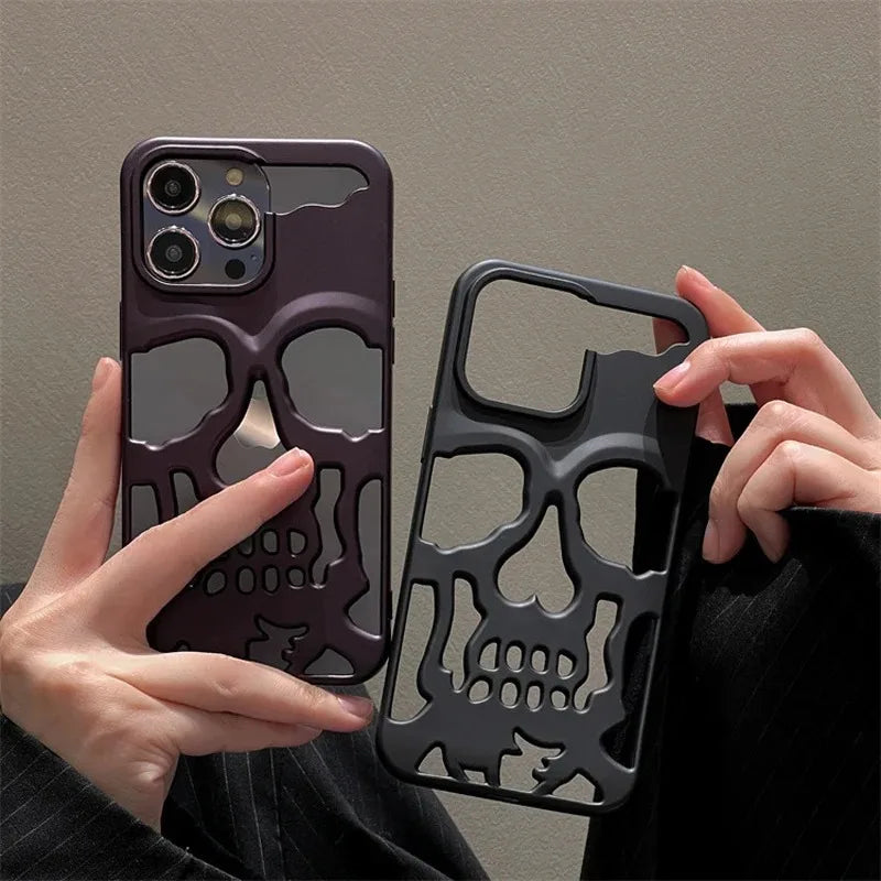 Luxury Matte Plating Metallic Color Hollow Out Skull Hard Case For iPhone 14 13 12 11 Pro Max 15 Plus Fashion Shockproof Cover