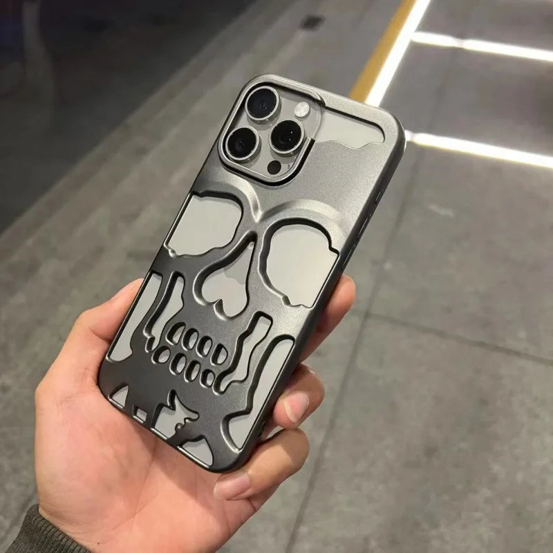 Luxury Matte Plating Metallic Color Hollow Out Skull Hard Case For iPhone 14 13 12 11 Pro Max 15 Plus Fashion Shockproof Cover