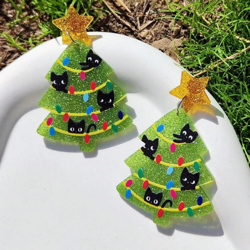 KUGUYS Christmas Gifts Lovely Women's Drop Earrings Cartoon Cat Tree Acrylic New Year Jewellery