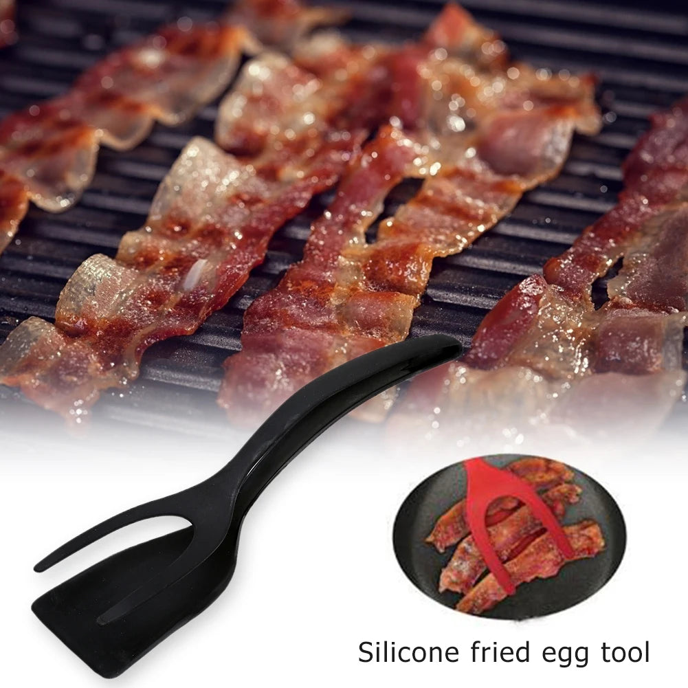 2 in 1 Non Stick Grip Flipper Pancake Fried Egg Spatula Clamp Turner Tong Toast