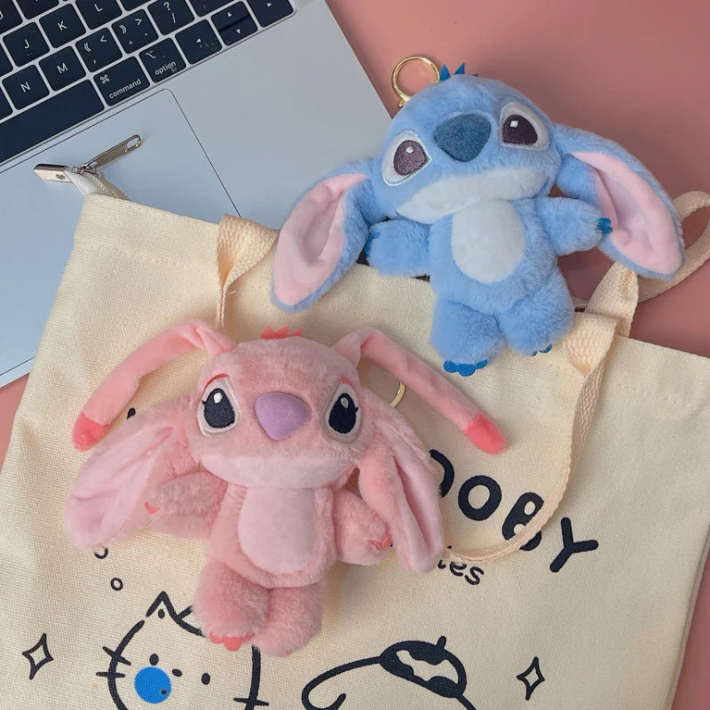 Disney 12cm Stitch and Angel Doll Bag Pendant Cartoon Anime Lilo & Stitch Plushies Keychains Birthday Gifts For Girl