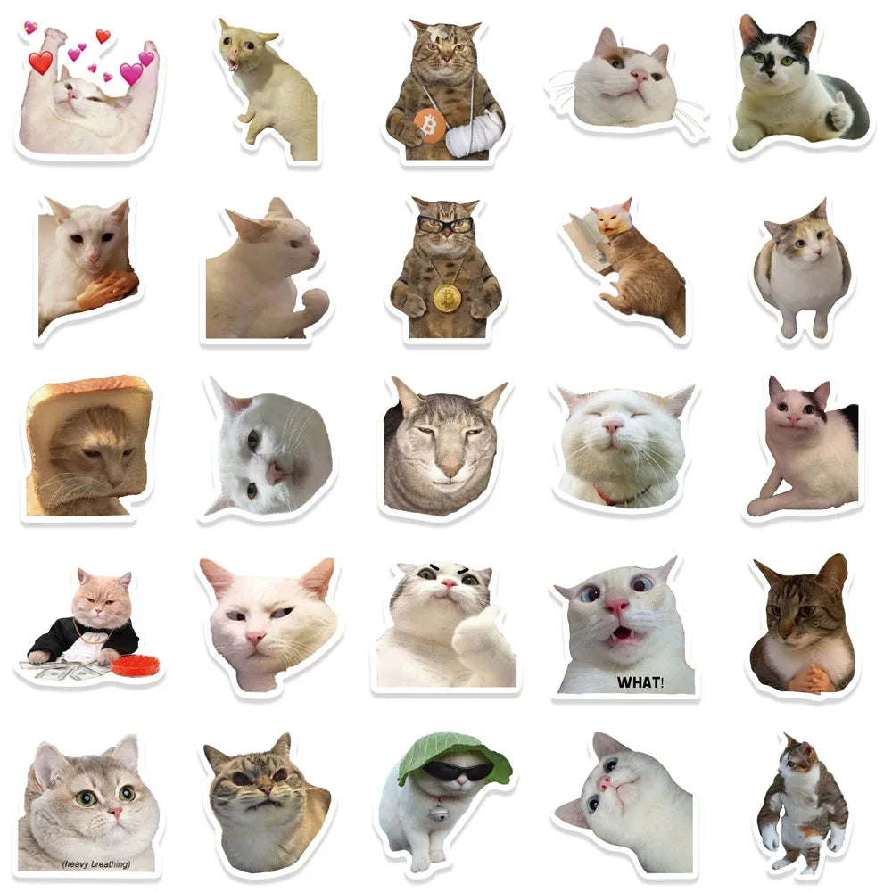 50pcs Funny Cat MEME Stickers Toy DIY Kids Notebook Motorcycle Laptop Phone Luggage Refrigerator Graffiti Cute Animals Decals