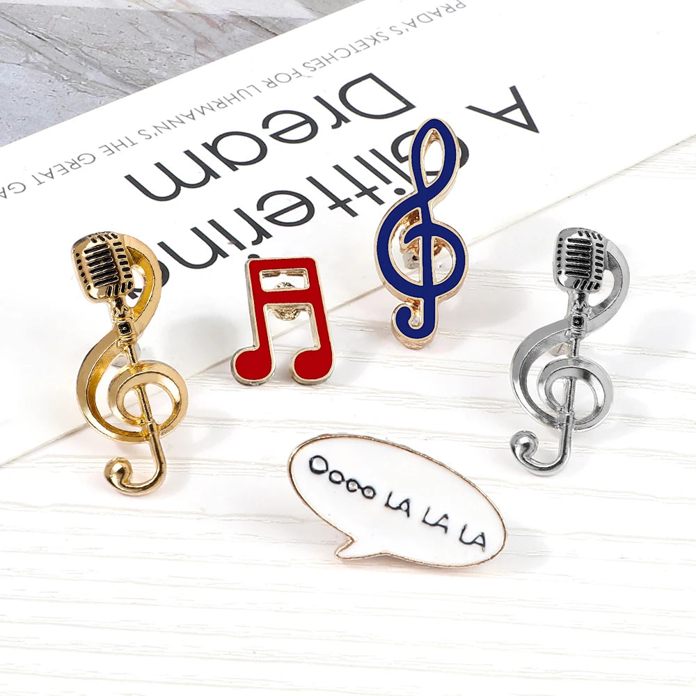 Microphone Music Note Brooch Gold Color Silver Color Enamel Pins Women Men Singer Party Concert Jewelry Backpack Lapel Pin Gifts