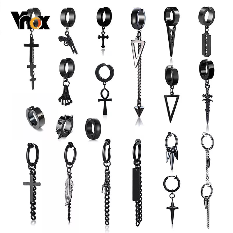 Vnox Punk Clip Earrings for Men Women, Black Stainless Steel Ear Accessory, Gothic Rock Hiphop Hoop Circle Earring 1 Piece