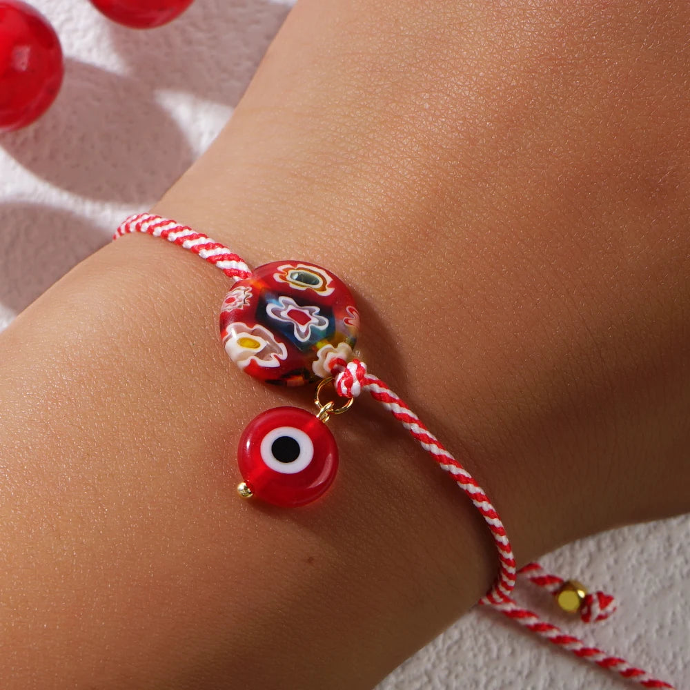 Shinus 2024 Martis Series Glass Evil Eye And Thousand Flowers Glass Flat Bead Jewelry Greek March Bracelet For Women Date Gift