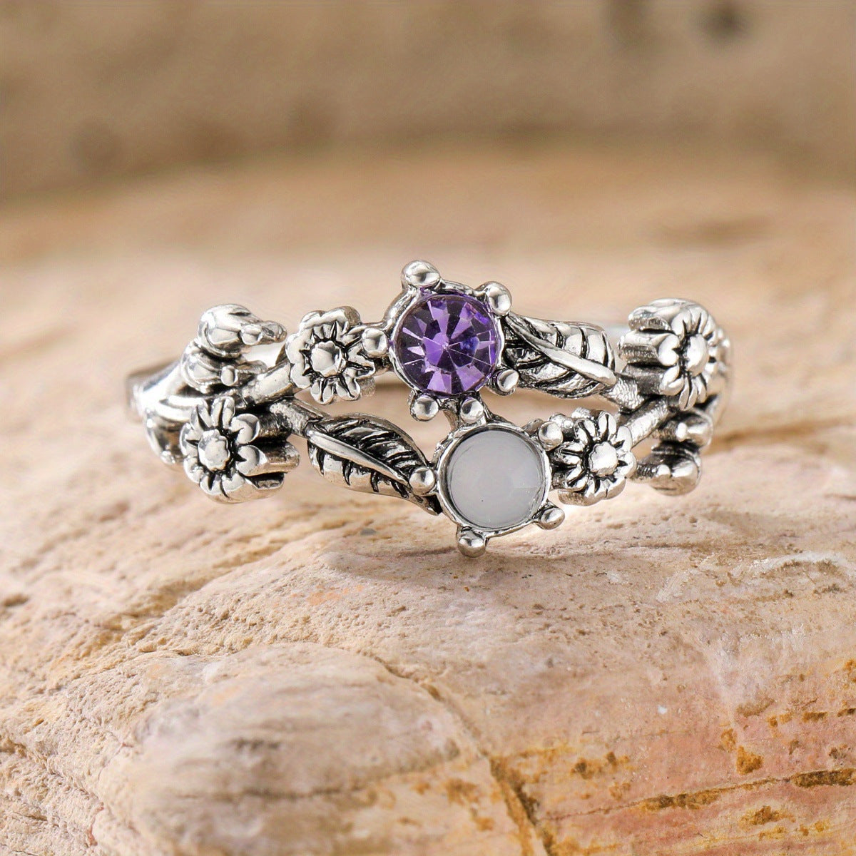 Purple Gemstone Flower Ring For Women