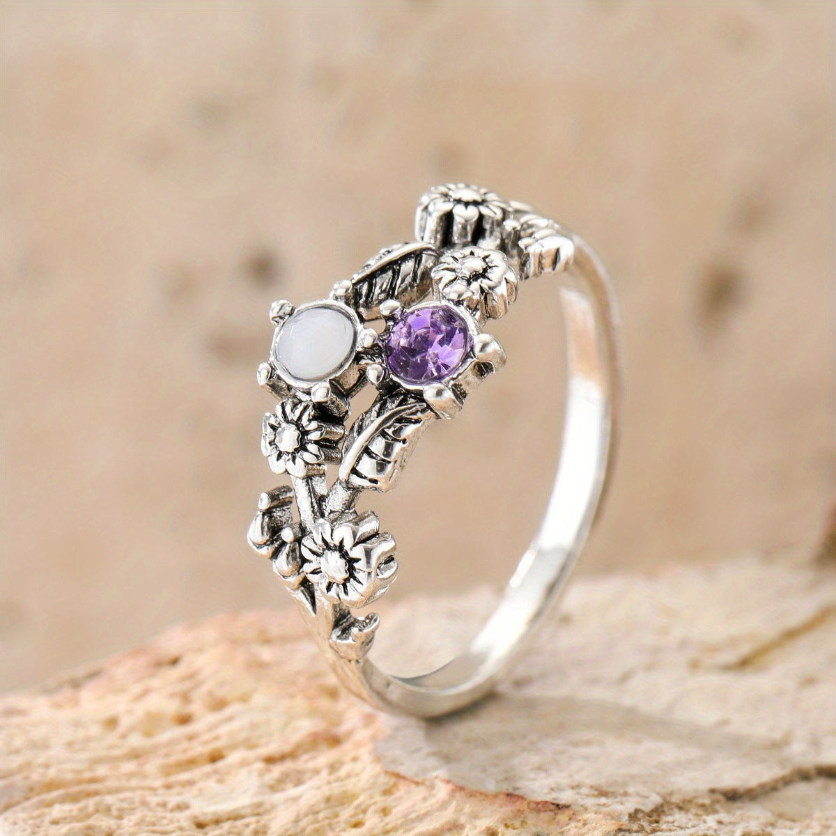 Purple Gemstone Flower Ring For Women