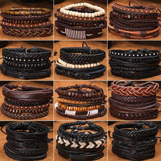 Fashion Handmade Leather Gifts For Men's Bracelet Wooden Beads Father Chain Link Bracelets Bangles Male Wristband Jewelry