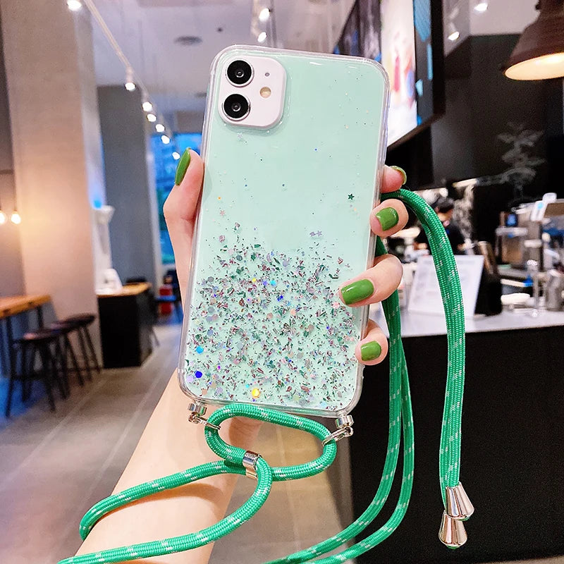 Luxury Bling Glitter Lanyard Silicone Phone Case For iPhone 17 16 15 14 13 12 11 Pro XS Max Plus Ultra-thin Necklace Rope Cover