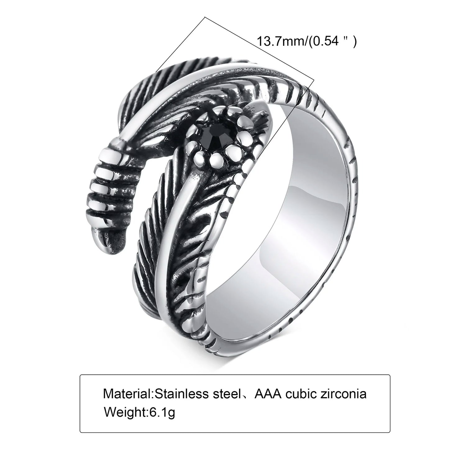 Vnox Boho Retro Feather Rings for Men, Antique Color Stainless Steel Wings Style Finger Ring,Rock Punk Male Jewelry