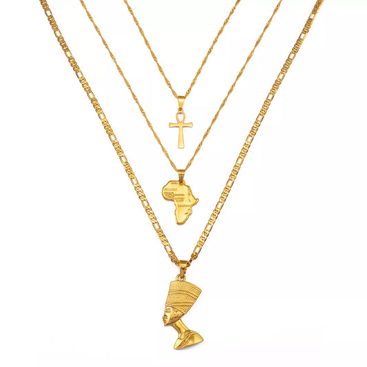 Anniyo 3pcs Necklaces Together Ankh Nefertiti Africa Map Pendant Gold/Silver Color Birthday Party Ethnic Jewelry Women #244606