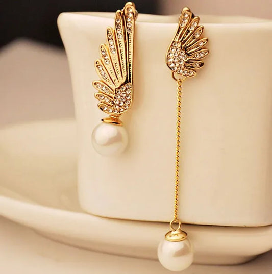 Xxzhj 2018 New Fashion Lady Angel Wings Crystal Artificial Pearl Pendant Asymmetrical Earrings Earrings Cheap Marketing Gift