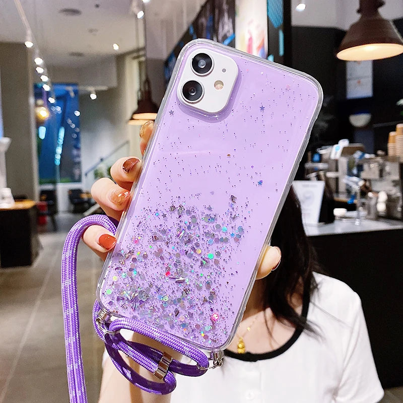 Luxury Bling Glitter Lanyard Silicone Phone Case For iPhone 17 16 15 14 13 12 11 Pro XS Max Plus Ultra-thin Necklace Rope Cover