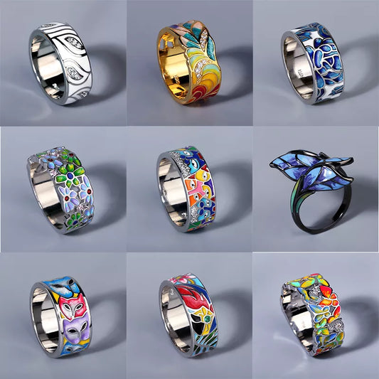 2024 New Silver Rings for Women Creative Handmade Enamel Craft Women's Rings 925 Silver Women's Party Jewelry Epoxy Craft