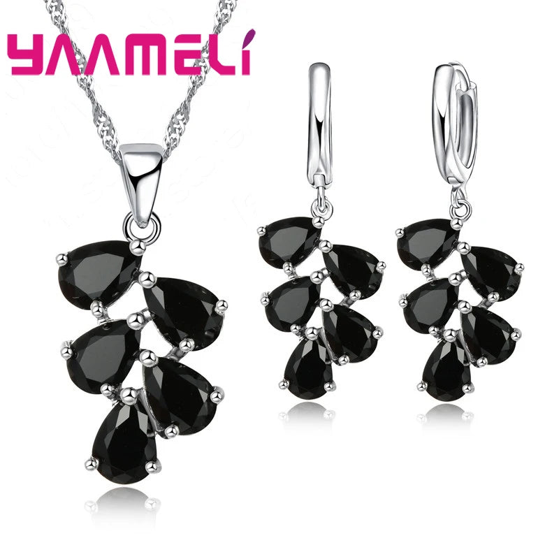 Anniversary Gift For Women Trendy 925 Sterling Silver Jewelry Sets Cubic Zirconia Pendants Necklaces Charm Hoop Earrings