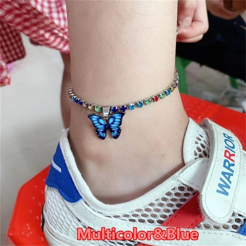 Bohemian Metal Butterfly Anklet Bracelet Colorful Bling Bling Tennis Anklet For Women Girls Summer Beach Foot Chain Accessories